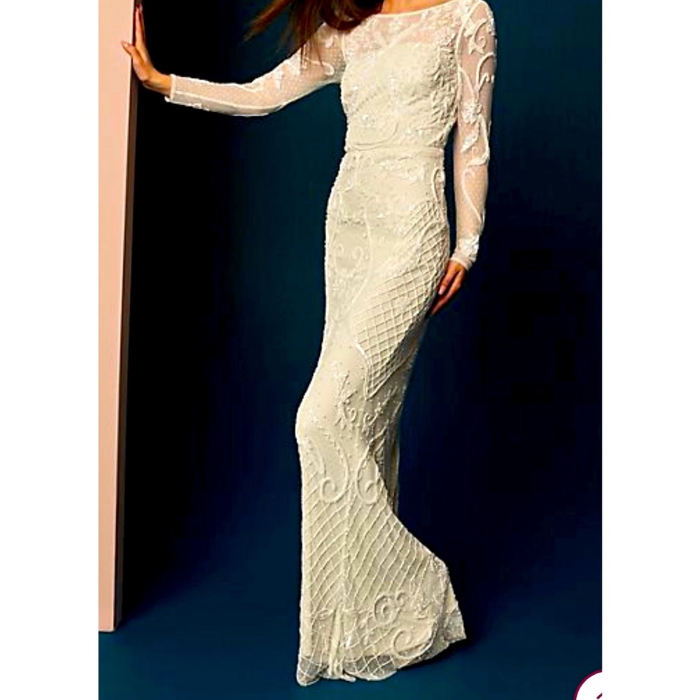 Allover Scroll Beaded Illusion Long Sleeve Gown